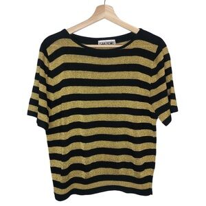 VINTAGE 70s 80s San Remo by Laura Knits Black Gold Stripe Short Sleeve Sweater